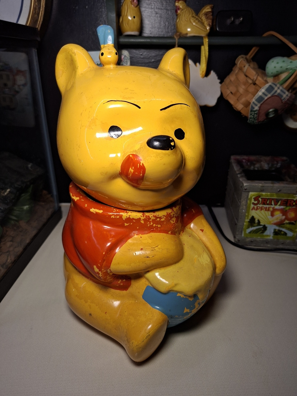 Yellow Winnie-the-Pooh Style Ceramic Cookie Jar with Red Shirt